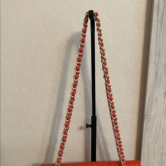 Tory Burch Fleming Quilted Leather Chain Red Orange Shoulder Purse Bag Boho - Picture 5 of 16